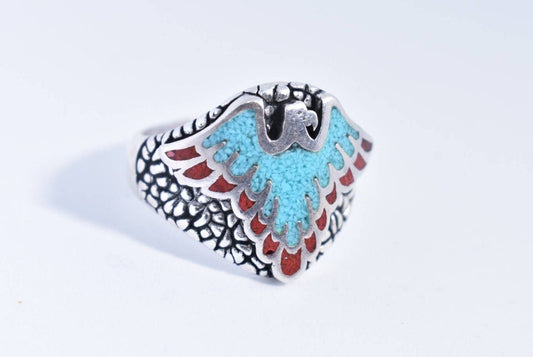 Vintage Native American Style Southwestern Turquoise Stone Inlay Men's Hawk Ring
