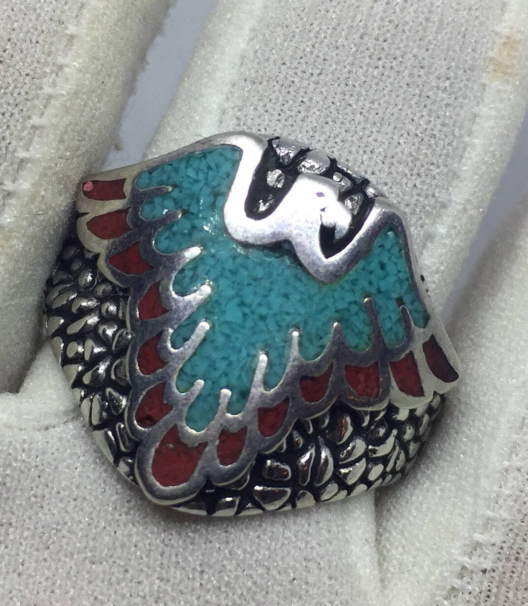 Vintage Native American Style Southwestern Turquoise Stone Inlay Men's Hawk Ring