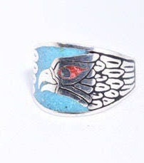 Vintage Native American Style Southwestern Turquoise Stone Inlay Mens Hawk Ring