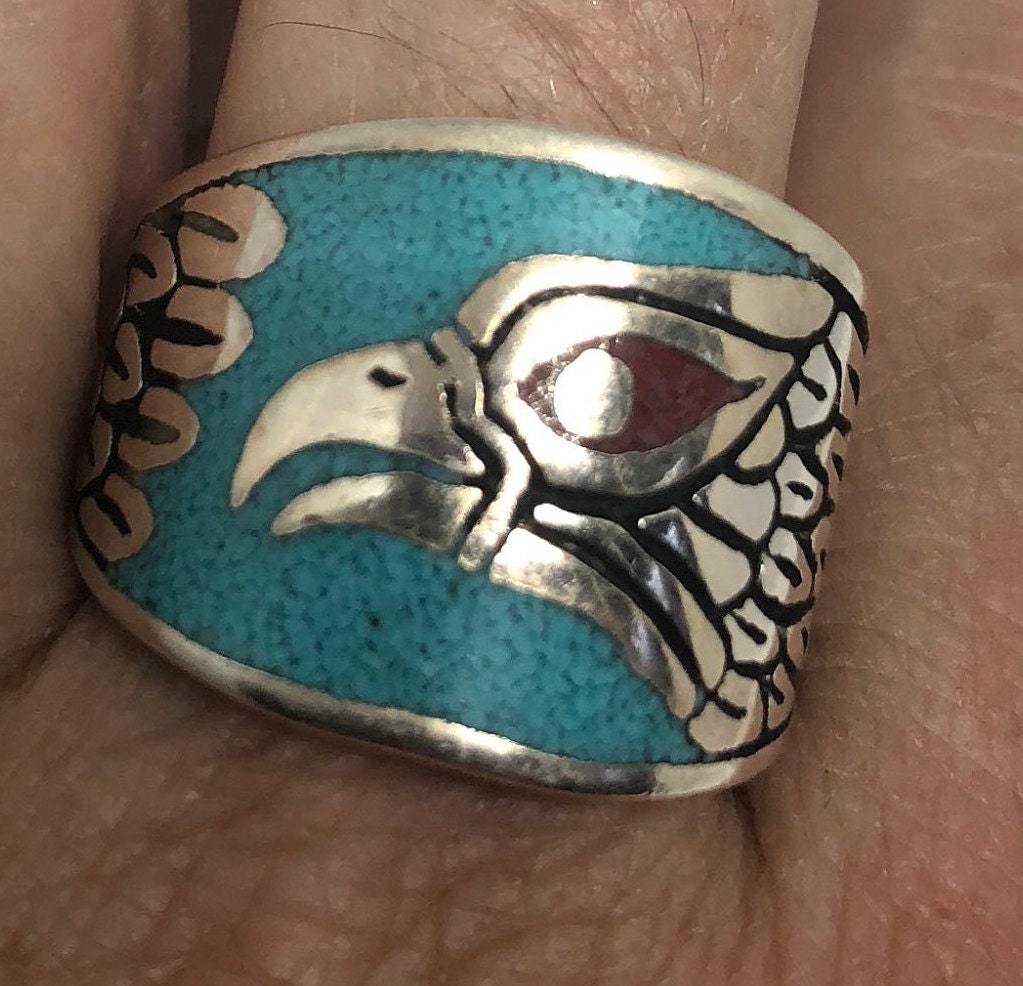 Vintage Native American Style Southwestern Turquoise Stone Inlay Mens Hawk Ring