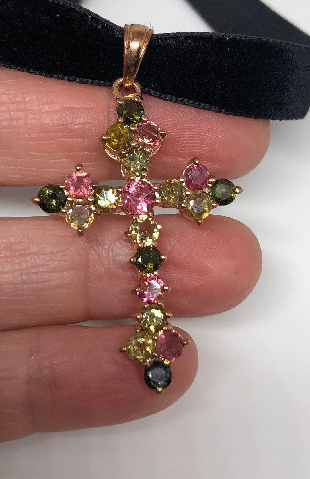 Vintage 925 Sterling Silver Mixed Color Tourmaline Cross Pendant