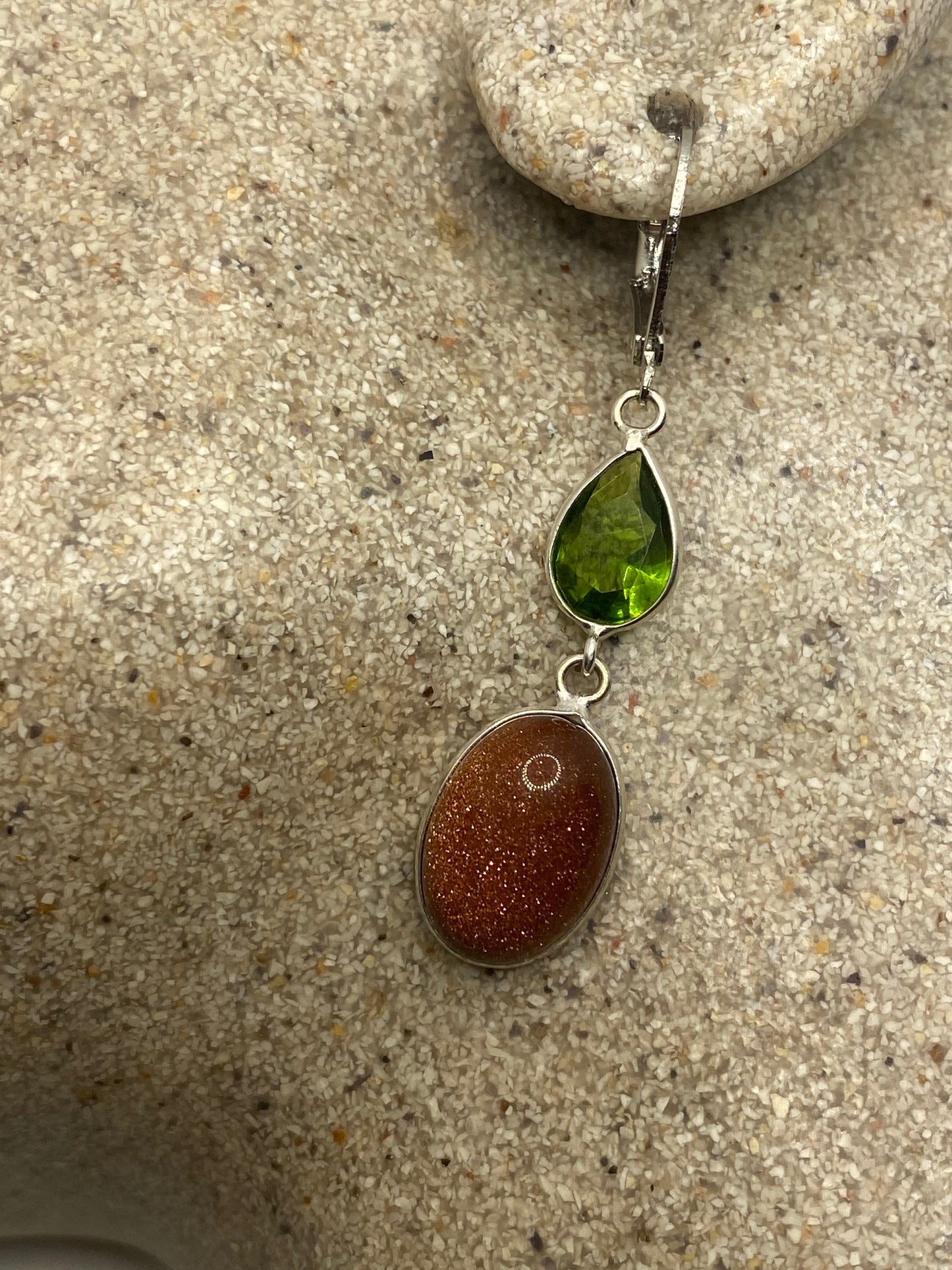 Vintage Chandelier Earrings Goldstone Peridot Silver Lever Back Dangle