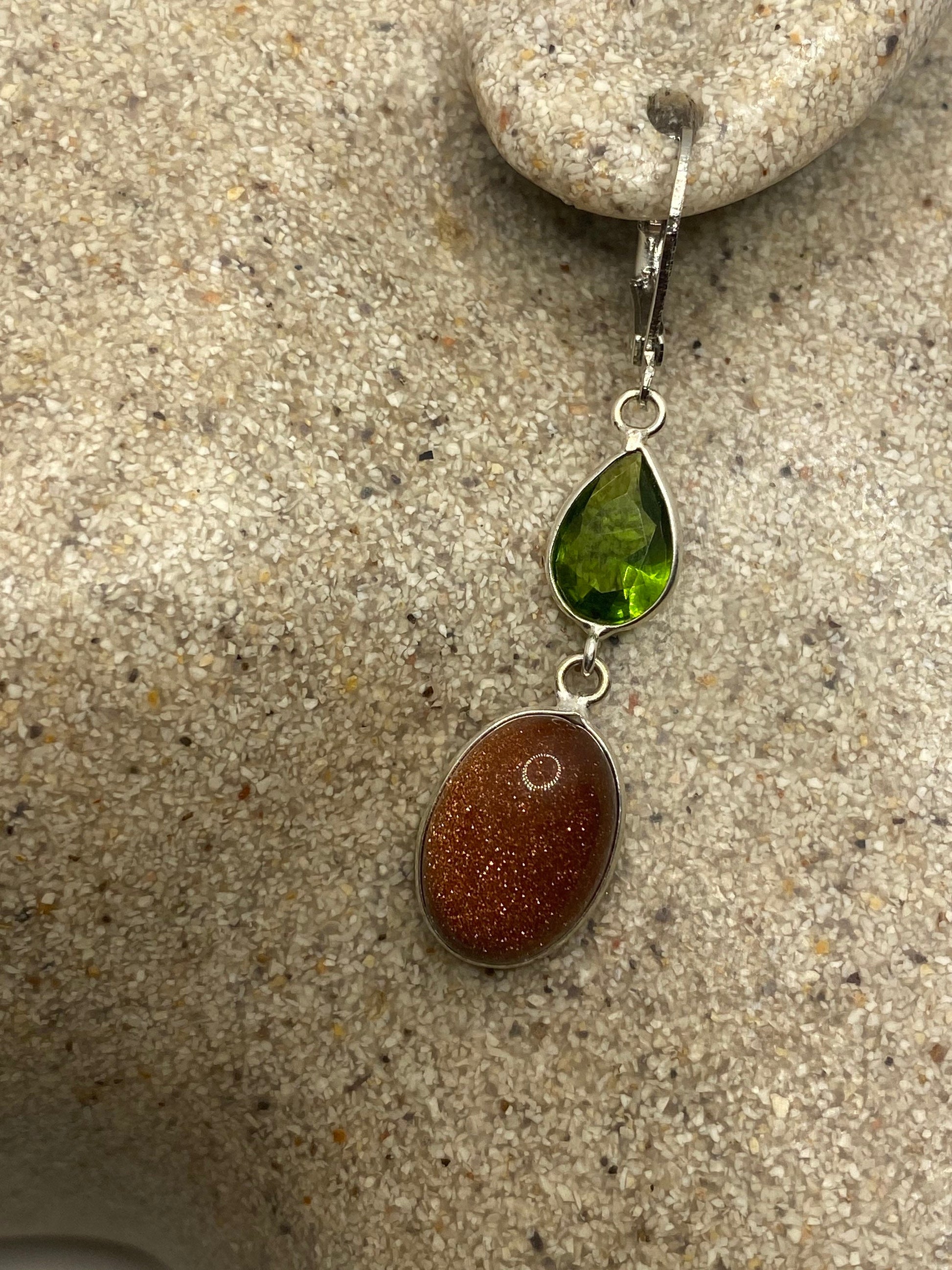 Vintage Chandelier Earrings Goldstone Peridot Silver Lever Back Dangle