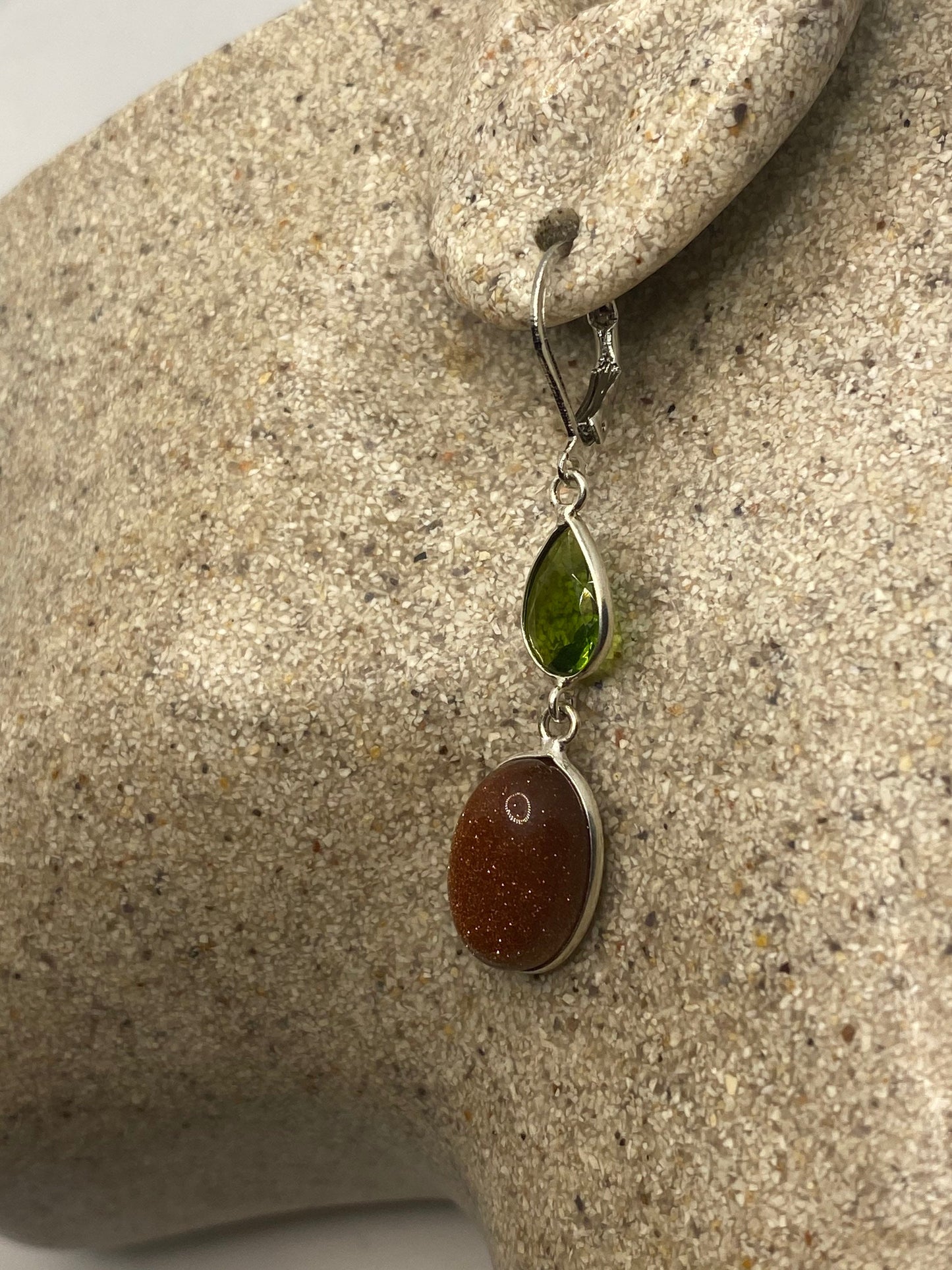 Vintage Chandelier Earrings Goldstone Peridot Silver Lever Back Dangle