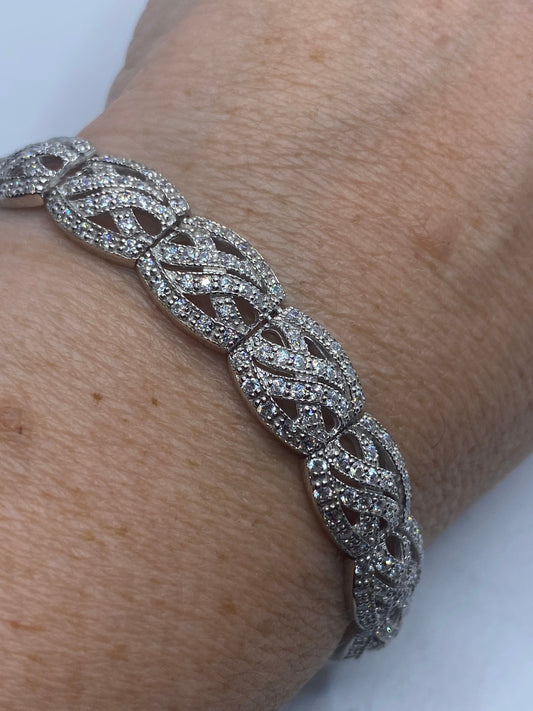 Vintage White Sapphires 925 Sterling Silver Deco Tennis Bracelet