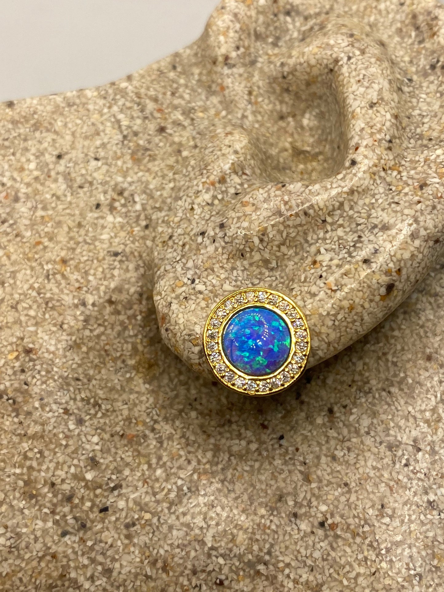 Vintage Blue Opal Earrings Golden 925 Sterling Silver Stud Button