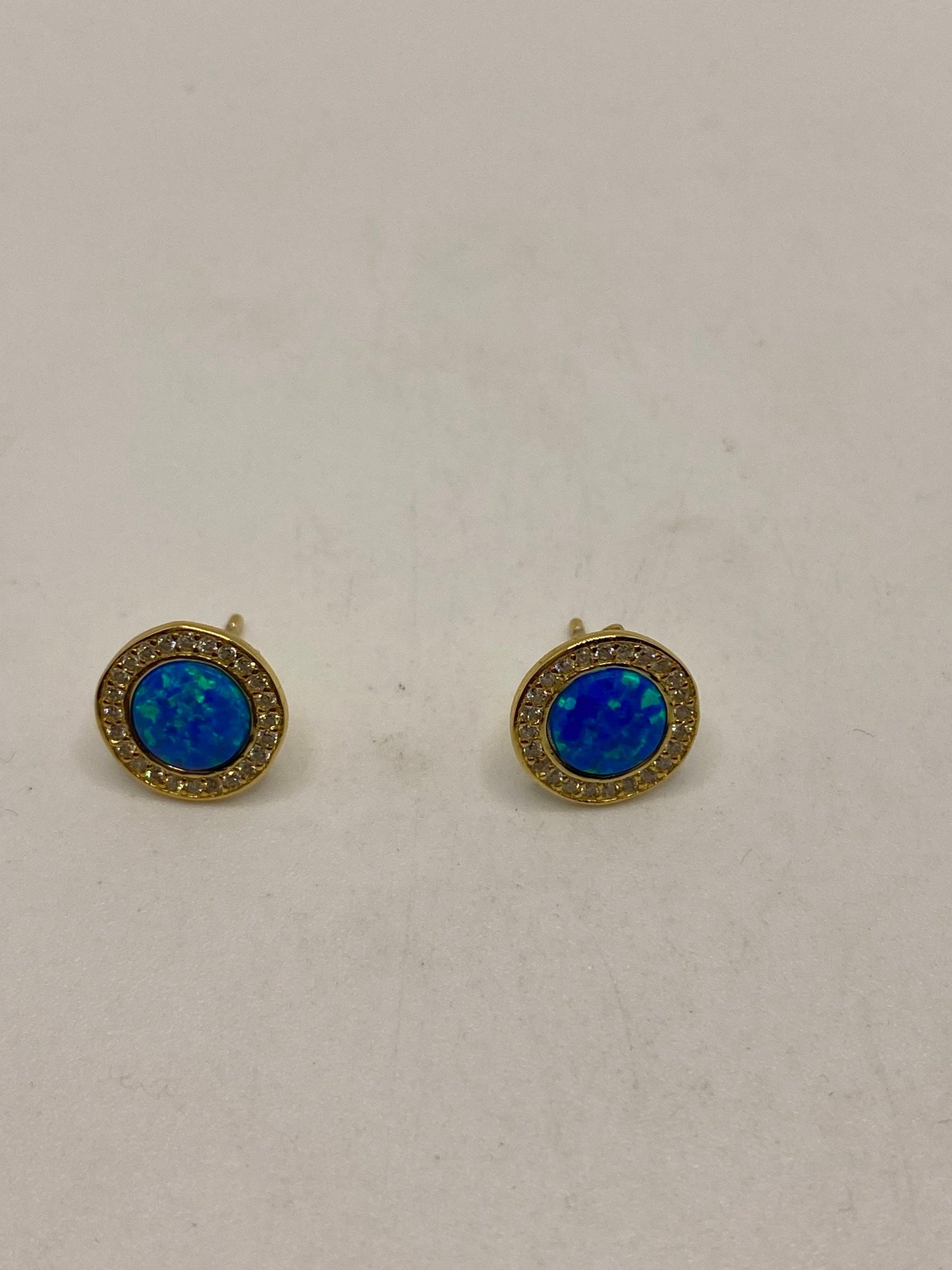 Vintage Blue Opal Earrings Golden 925 Sterling Silver Stud Button
