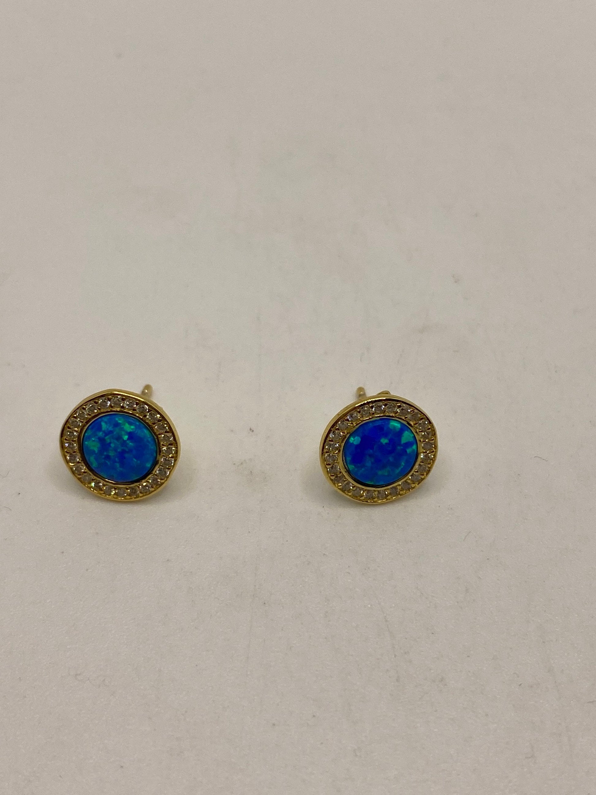Vintage Blue Opal Earrings Golden 925 Sterling Silver Stud Button