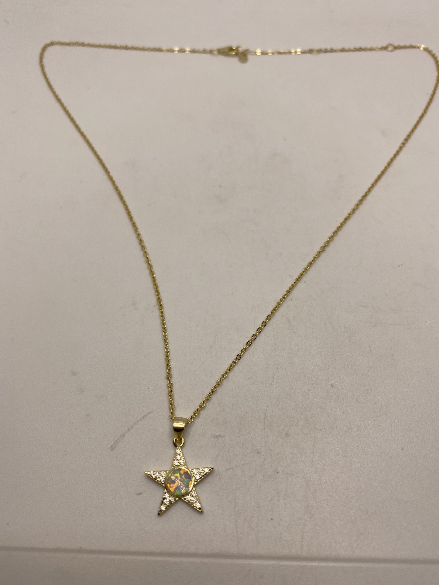 Vintage White Opal Star Choker Golden 925 Sterling Silver Pendant Necklace