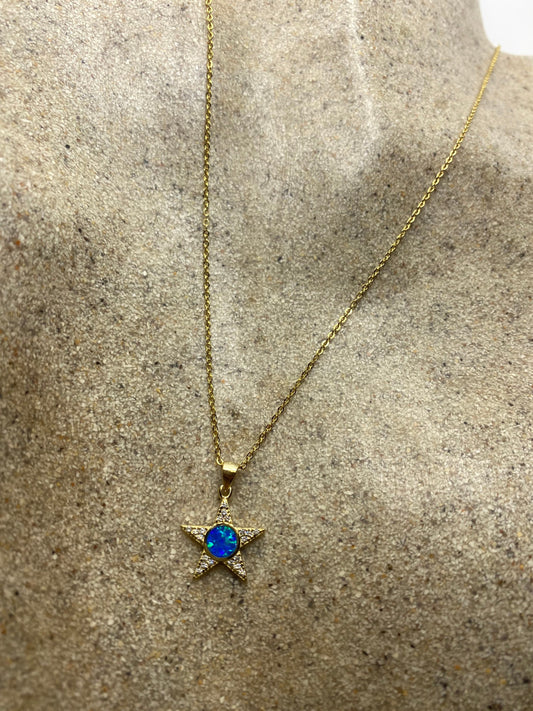 Vintage Blue Fire Opal Star Choker Golden 925 Sterling Silver Pendant Necklace