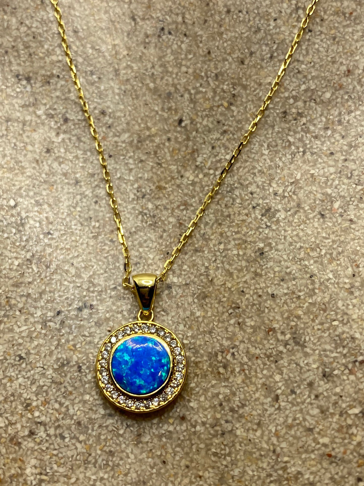 Vintage Blue Fire Opal Choker Golden 925 Sterling Silver Pendant Necklace