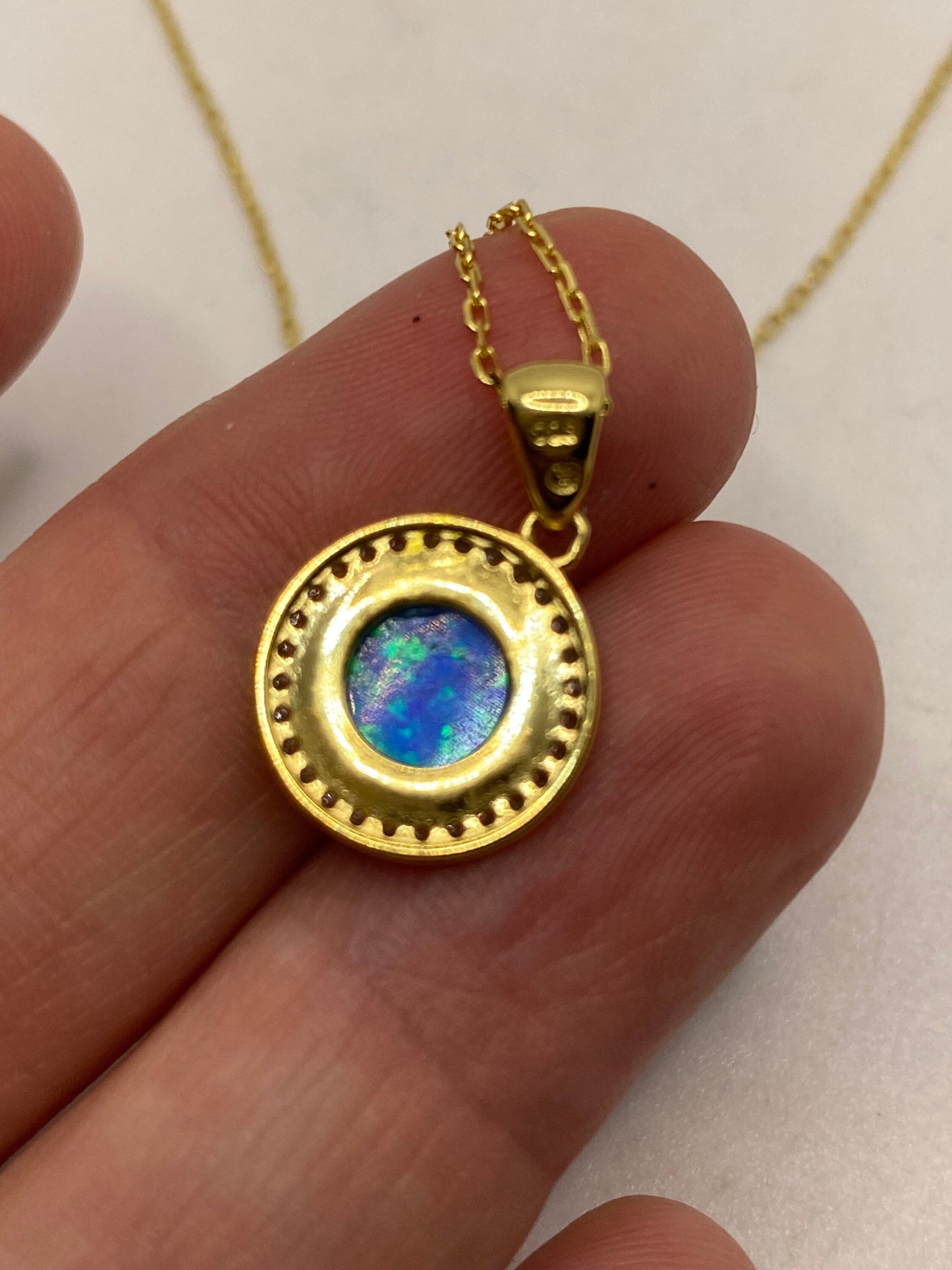 Vintage Blue Fire Opal Choker Golden 925 Sterling Silver Pendant Necklace