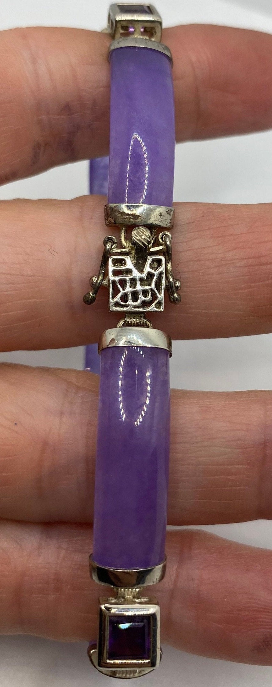Vintage Purple Jade Amethyst Tennis Bracelet in 925 Sterling Silver