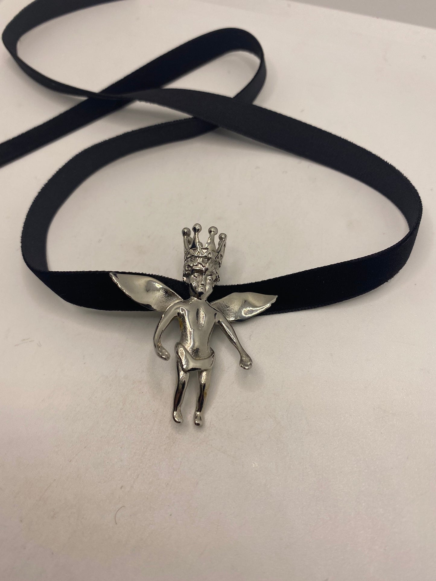 Vintage Handmade Silver Stainless Steel Guardian Angel Choker Pendant Necklace