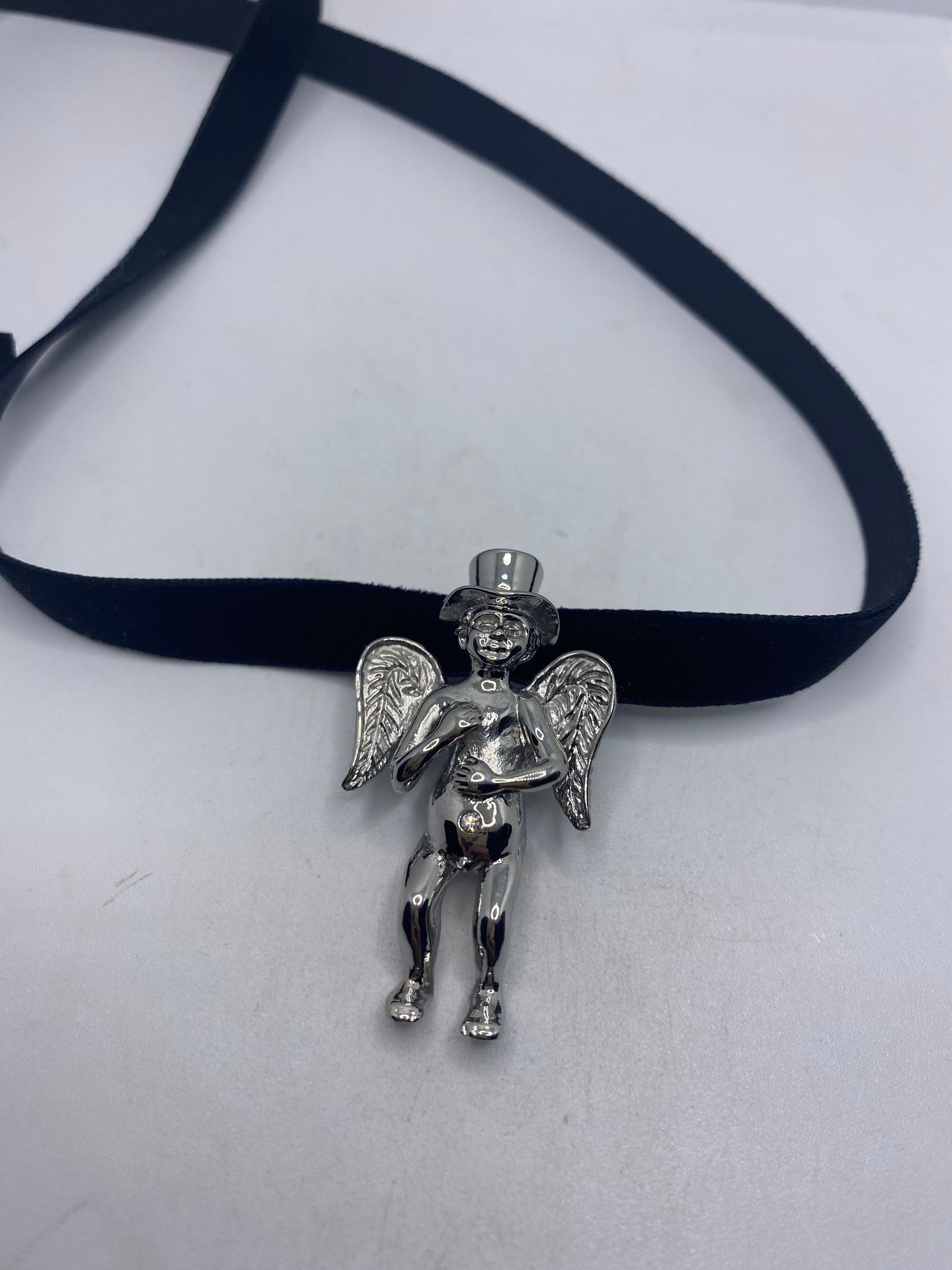 Vintage Handmade Silver Stainless Steel Guardian Angel Choker Pendant Necklace