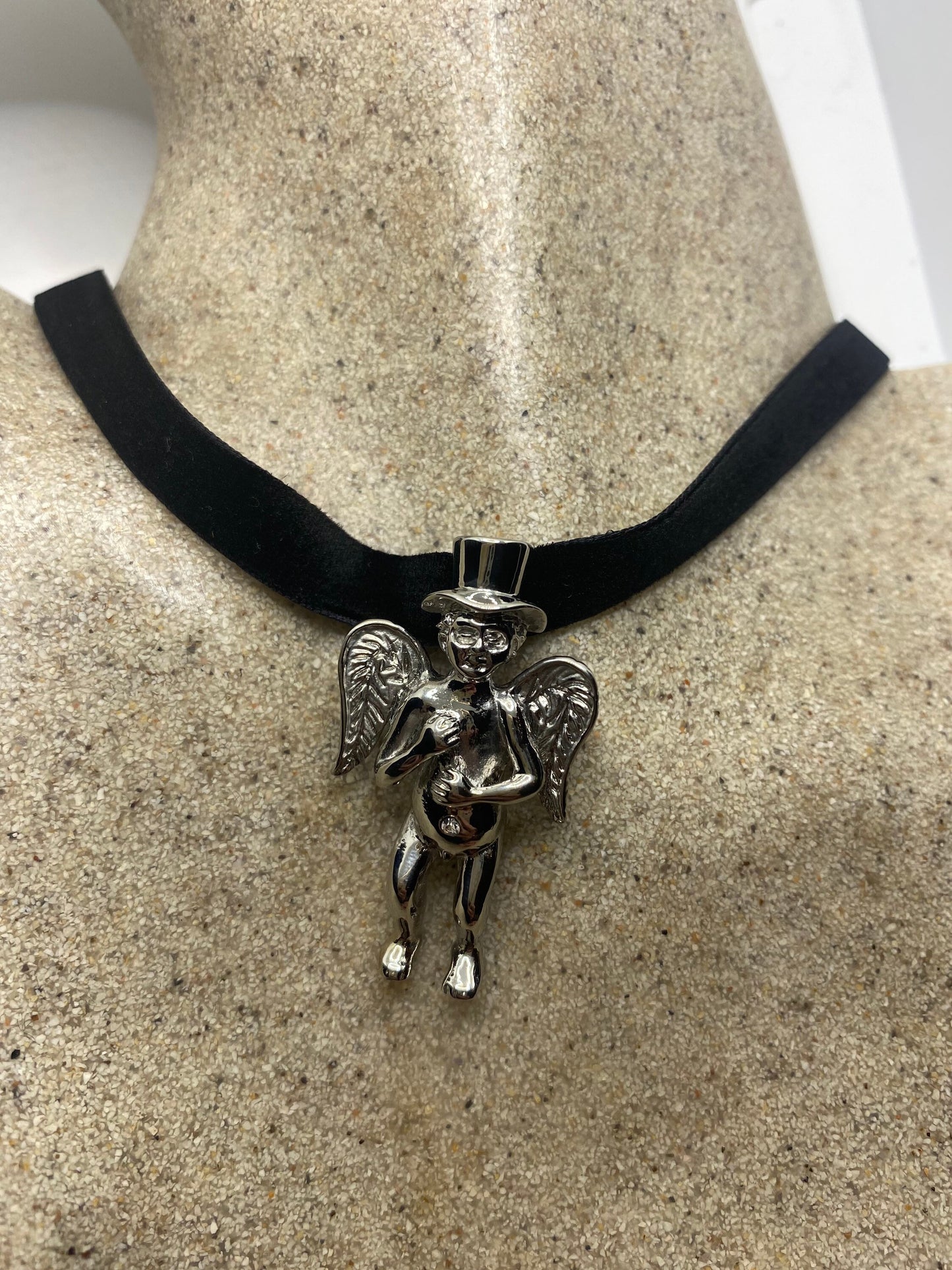 Vintage Handmade Silver Stainless Steel Guardian Angel Choker Pendant Necklace