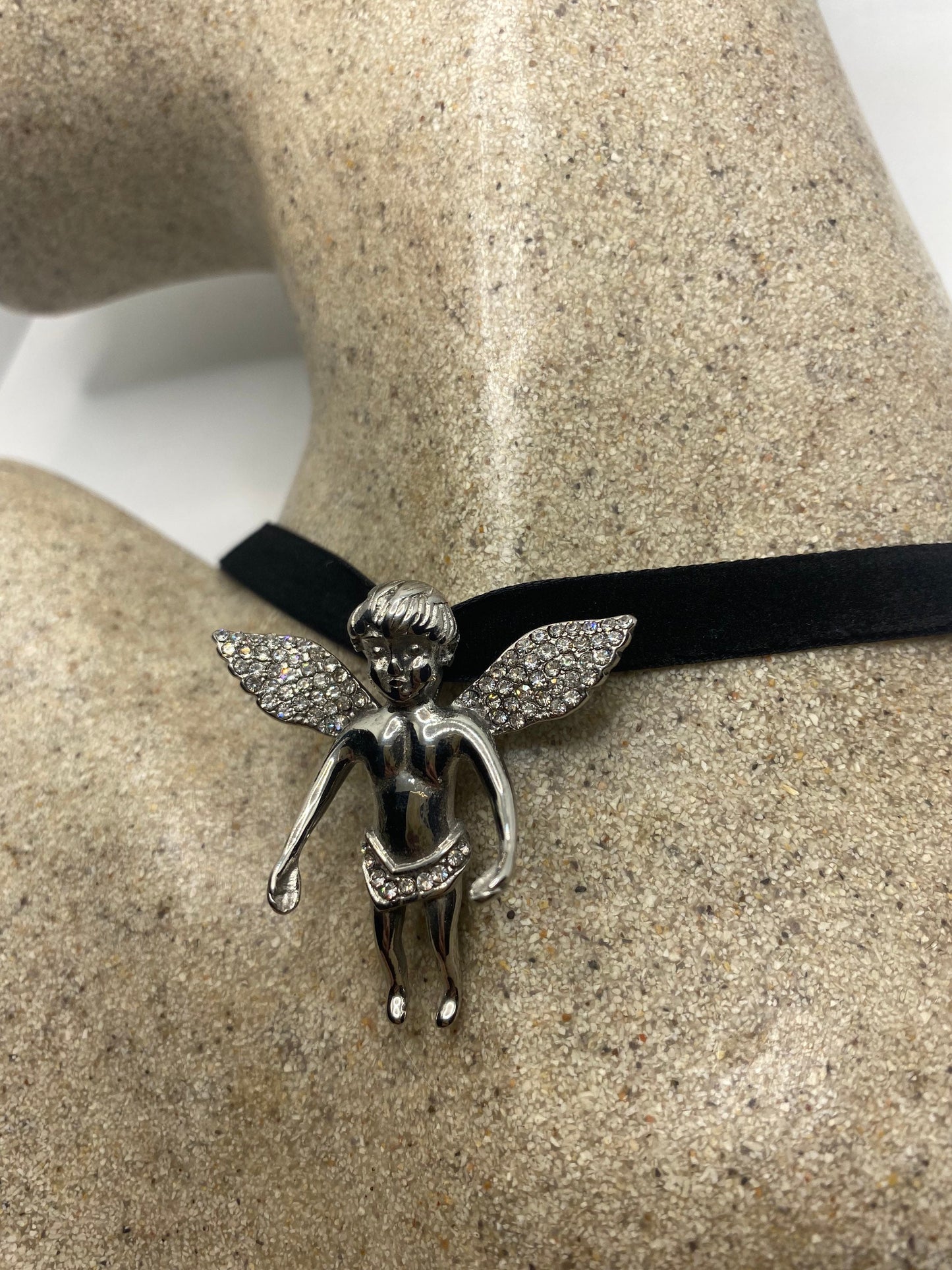 Vintage Handmade Silver Stainless Steel Guardian Angel Choker Pendant Necklace