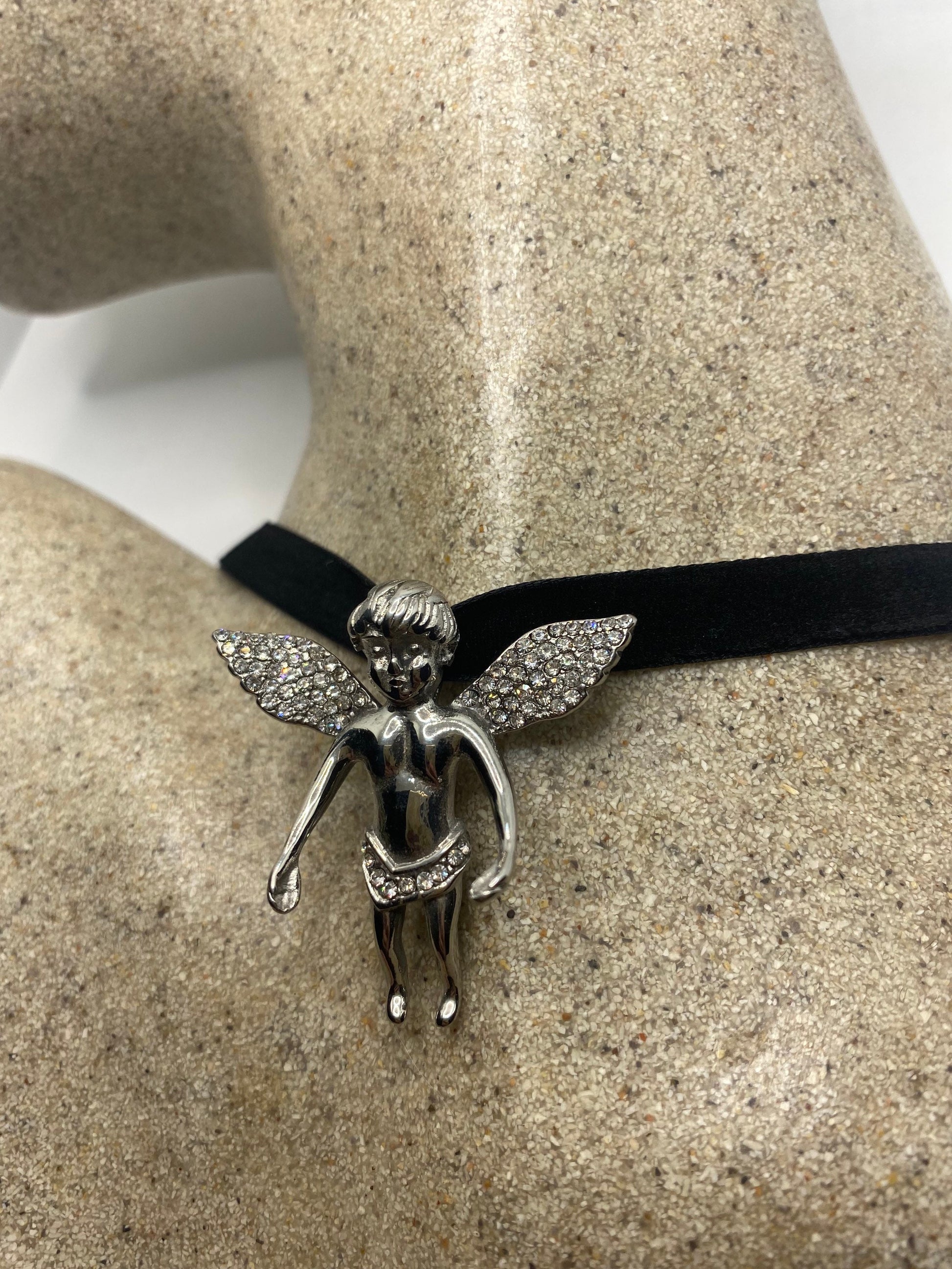Vintage Handmade Silver Stainless Steel Guardian Angel Choker Pendant Necklace