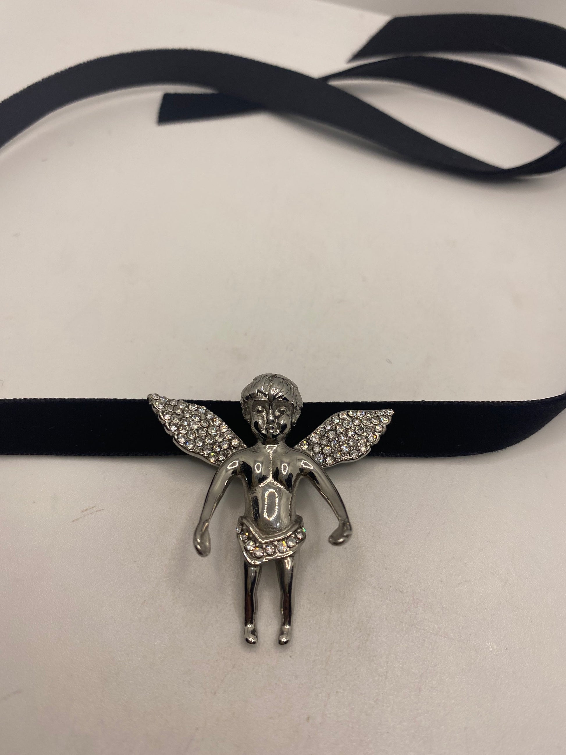 Vintage Handmade Silver Stainless Steel Guardian Angel Choker Pendant Necklace