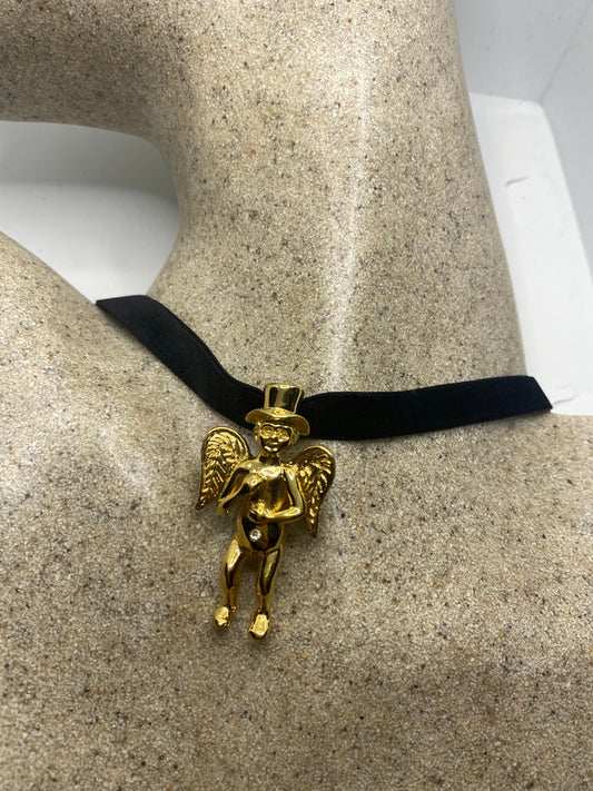 Vintage Handmade Gold Stainless Steel Guardian Angel Choker Pendant Necklace