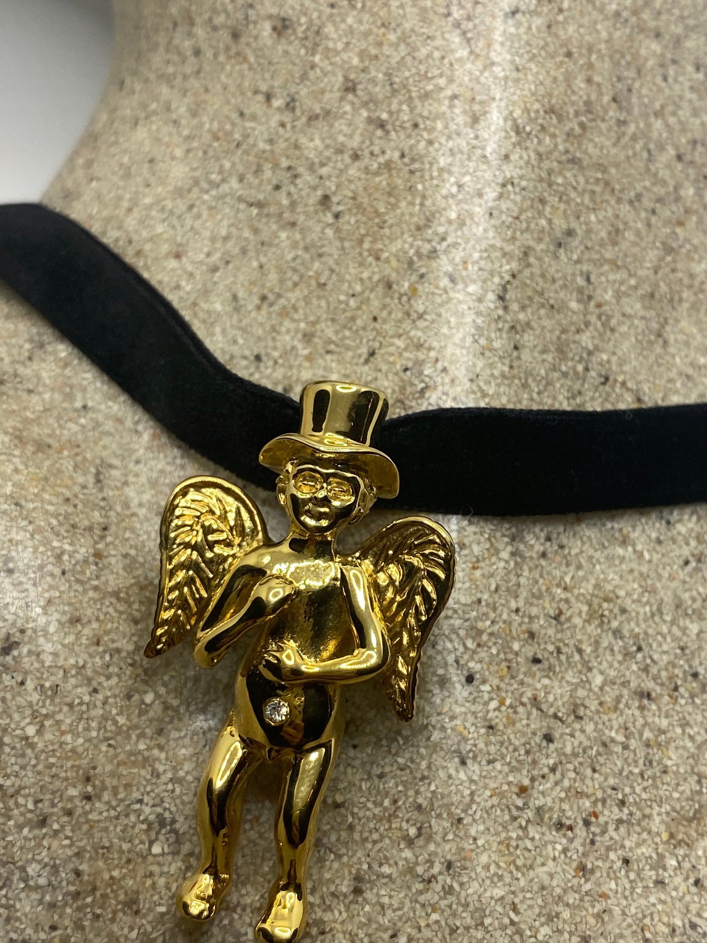 Vintage Handmade Gold Stainless Steel Guardian Angel Choker Pendant Necklace