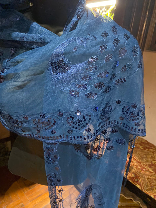 Vintage Styled Sheer Navy Blue Peacock Sequined Embroidered Wrap Shawl