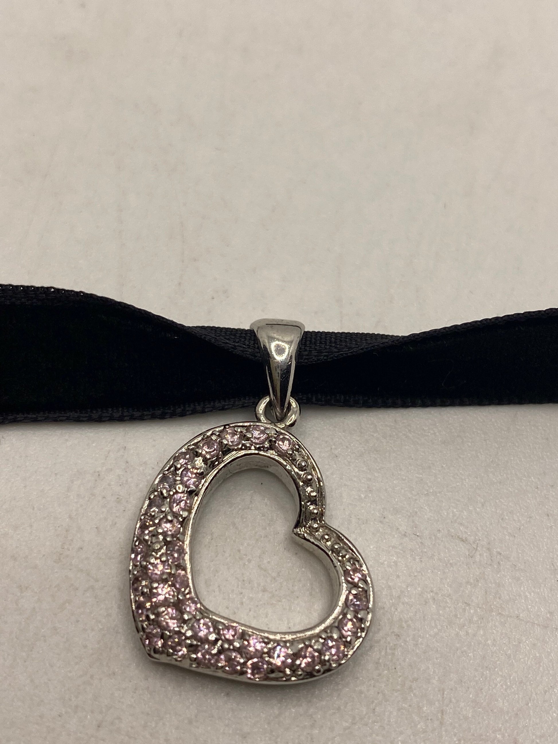 Vintage Handmade 925 Sterling Silver Pink Sapphire Heart Pendant Choker