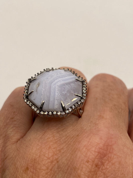 Vintage Blue Lace Agate Ring 925 Sterling Silver