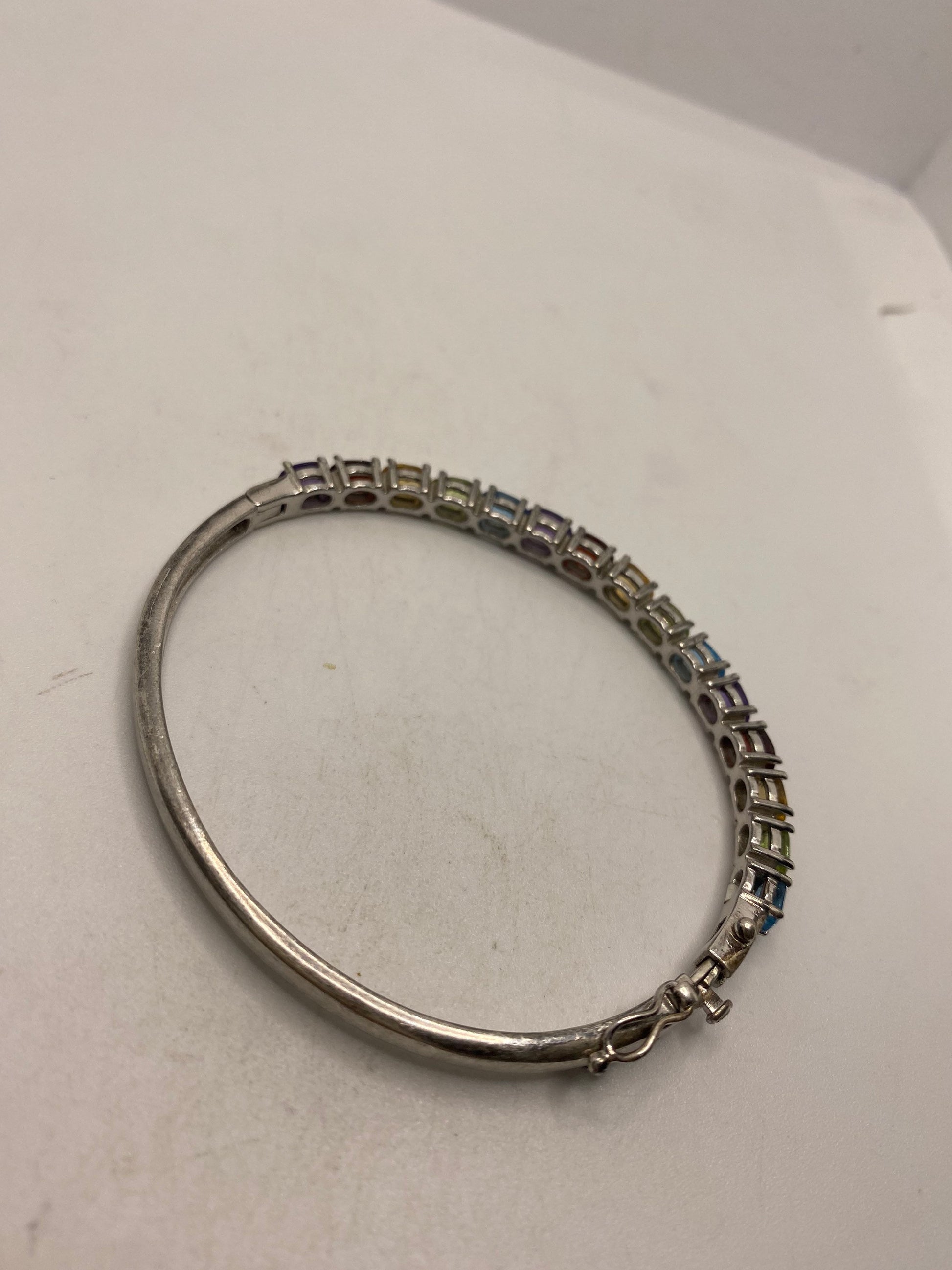Genuine Mixed Gemstones in 925 Sterling Silver Deco Bangle Bracelet
