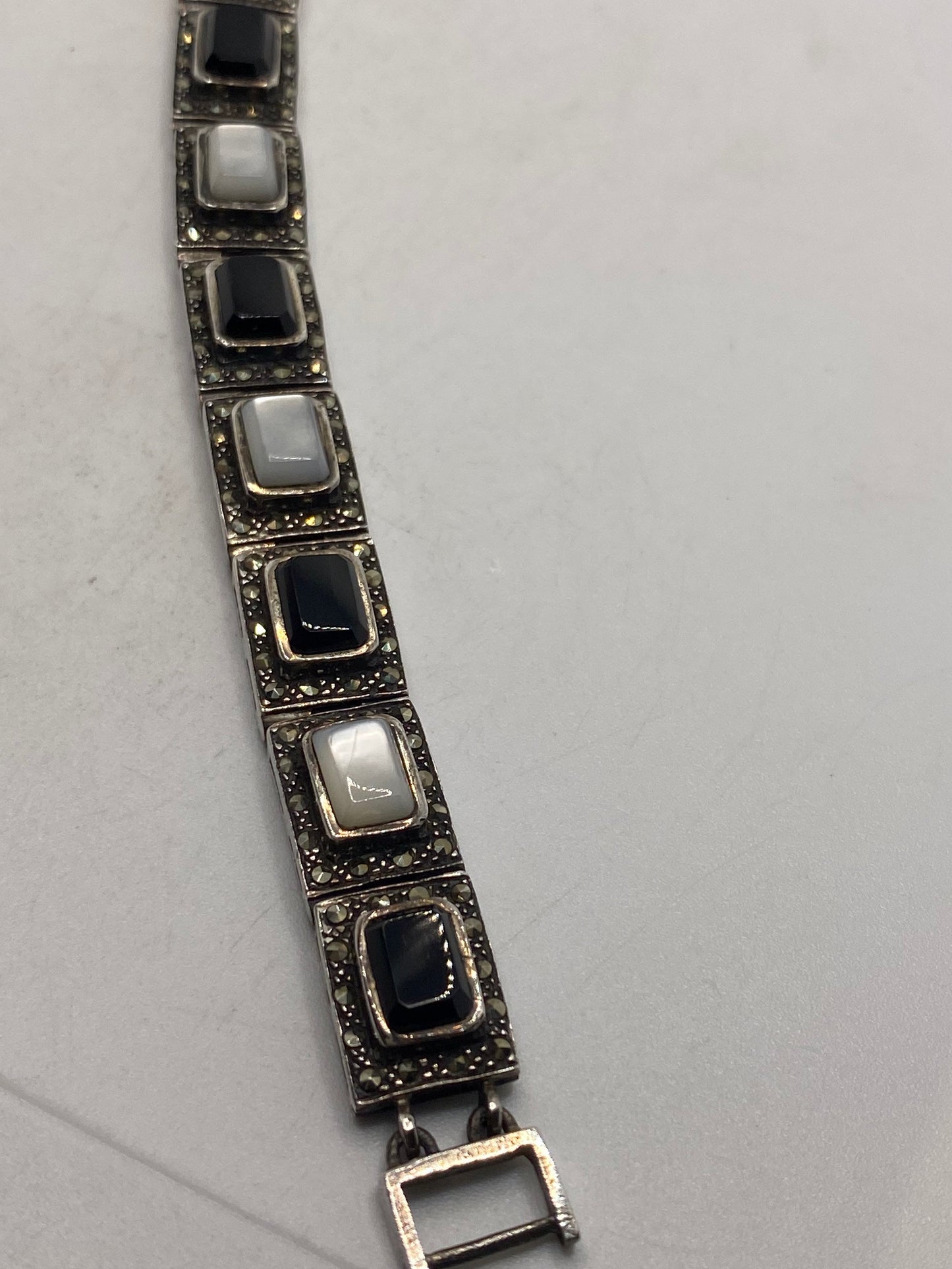 Vintage 925 Sterling Silver Marcacite Black Onyx Mother of Pearl Bracelet