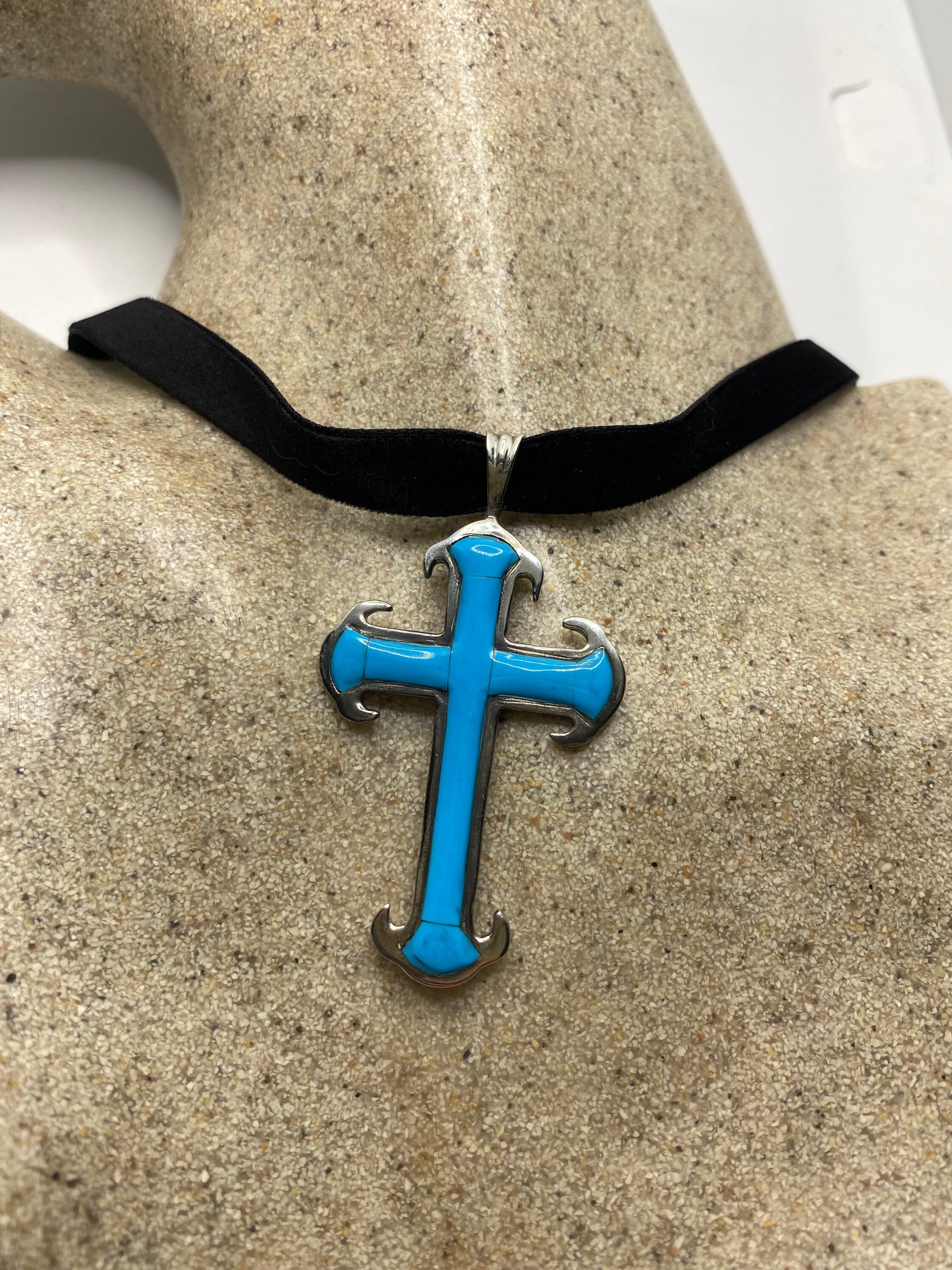 Vintage Turquoise Cross Choker 925 Sterling Silver Pendant Necklace