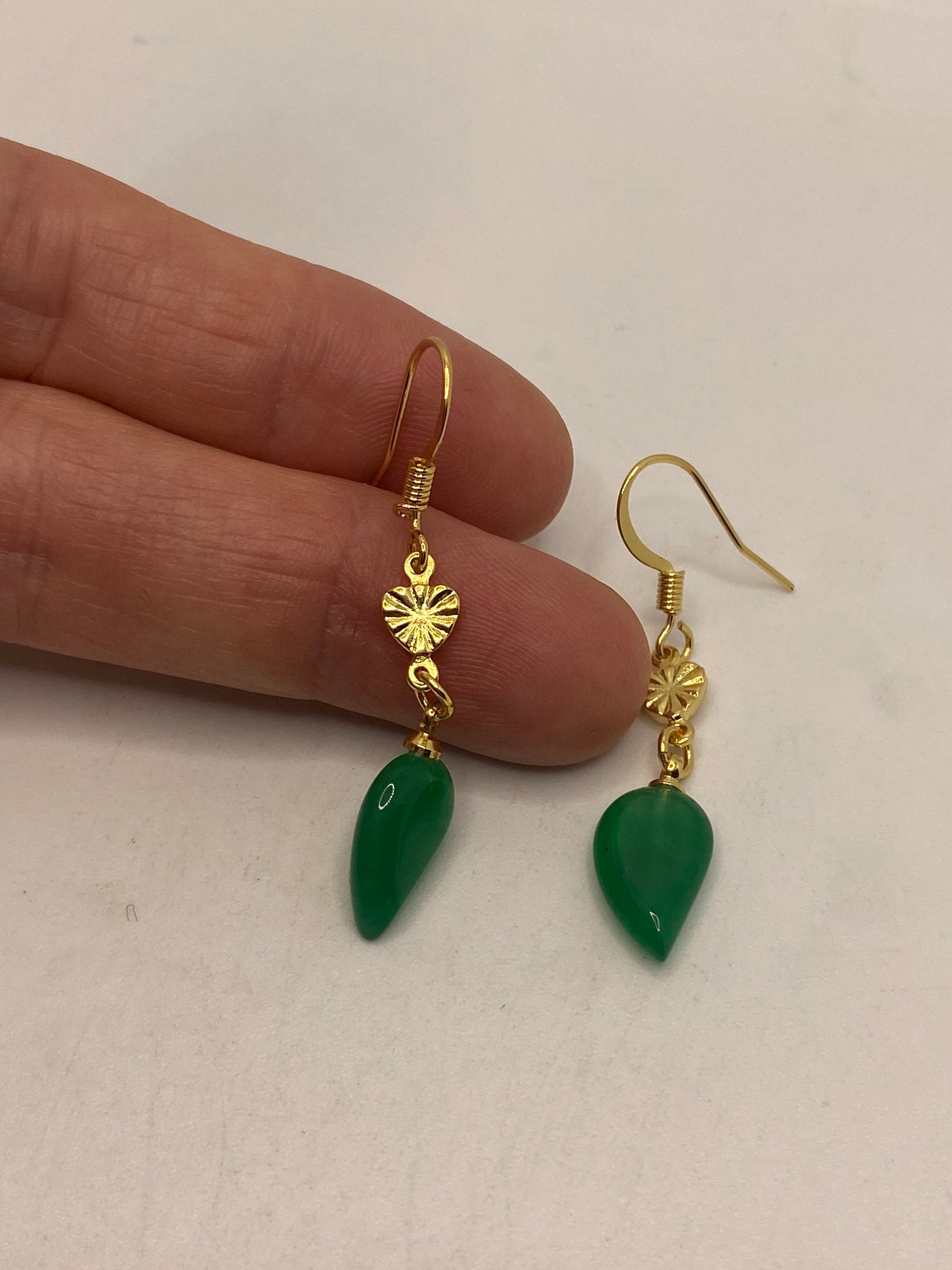 Vintage Fun Green Jade Gemstone Golden Bronze Earrings