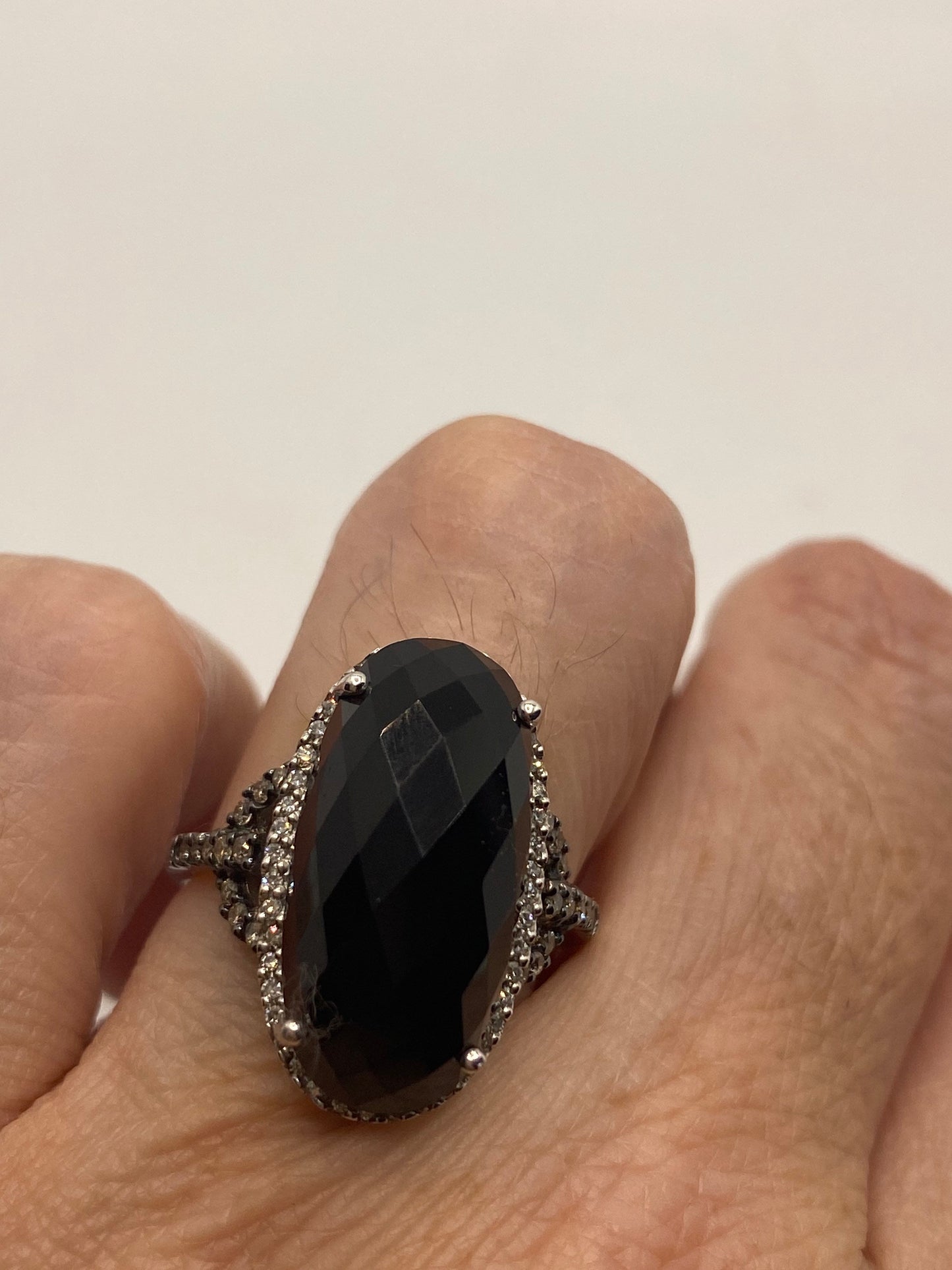 Vintage Black Onyx Champaign Diamond Ring 925 Sterling Silver Size 7