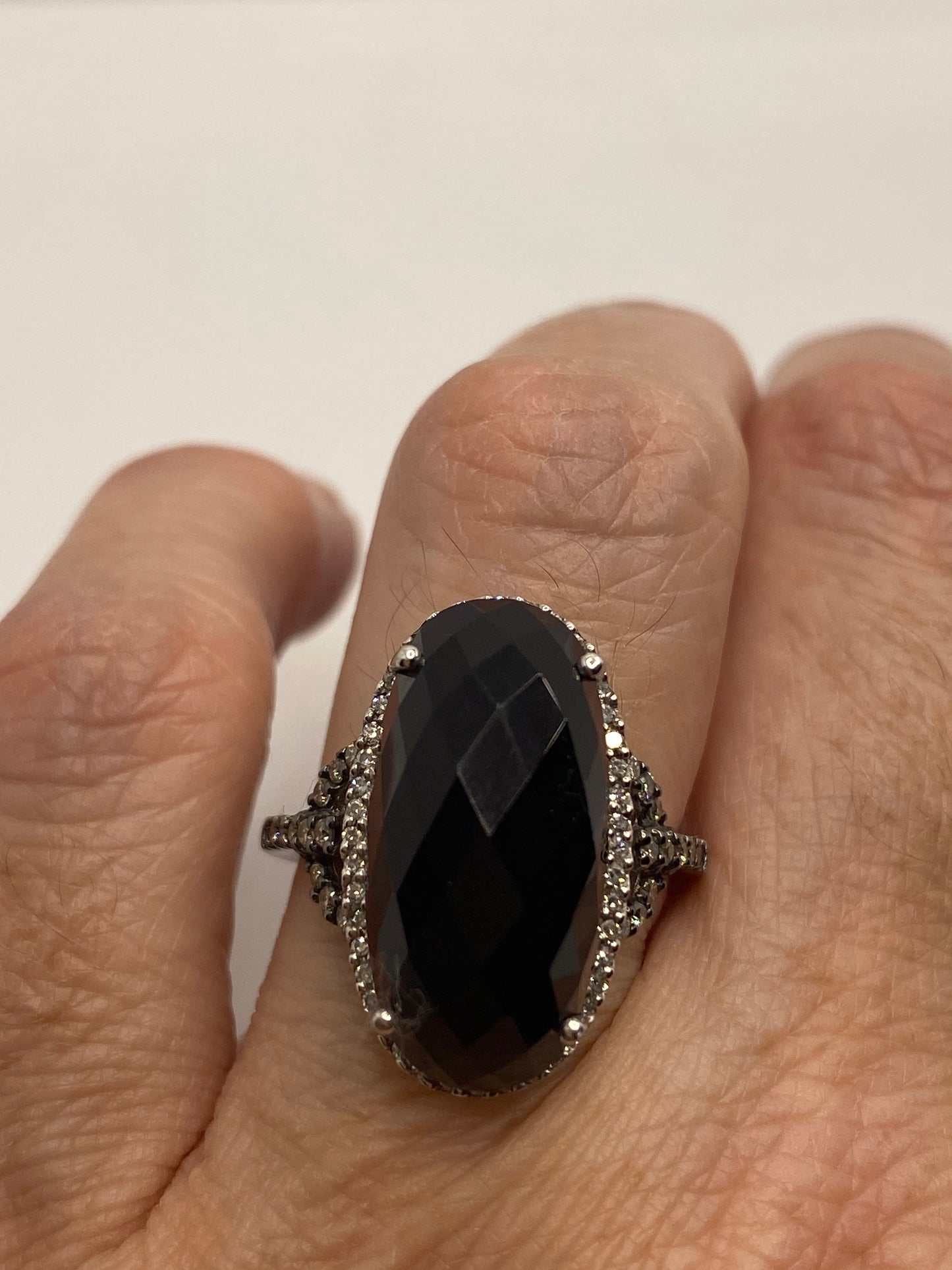 Vintage Black Onyx Champaign Diamond Ring 925 Sterling Silver Size 7