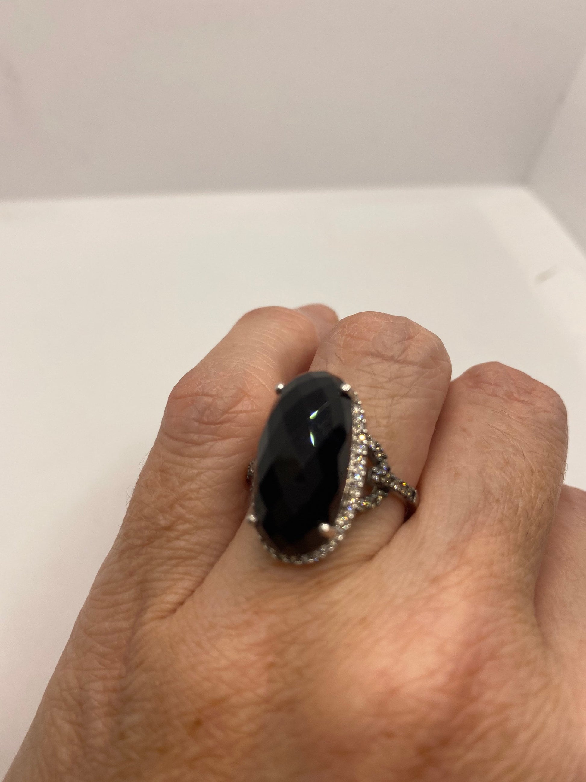 Vintage Black Onyx Champaign Diamond Ring 925 Sterling Silver Size 7