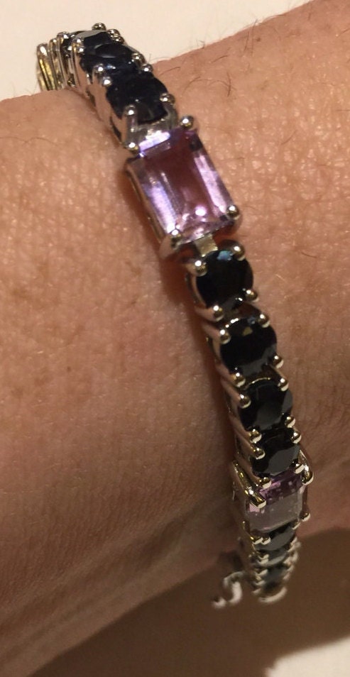 Handmade Genuine Purple Amethyst and Sapphire 925 Sterling Silver Tennis Bracelet