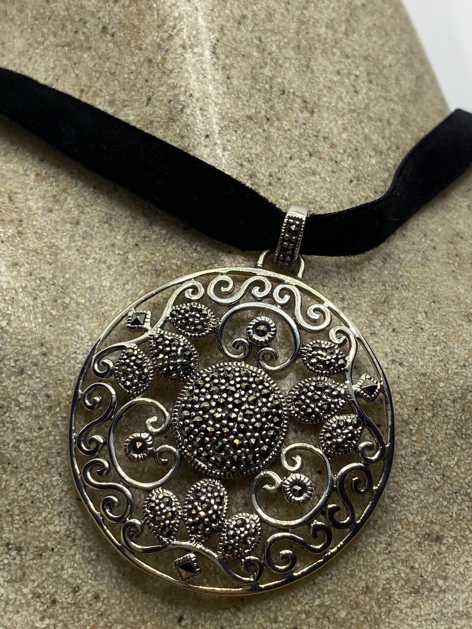 Vintage Marcasite 925 Sterling Silver Velvet Choker Pendant Necklace