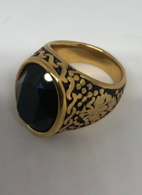 Vintage Gothic Gold Finished Stainless Steel Black Jet Mens Ring