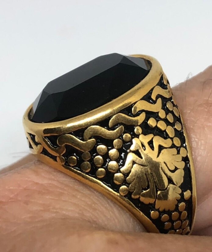 Vintage Gothic Gold Finished Stainless Steel Black Jet Mens Ring