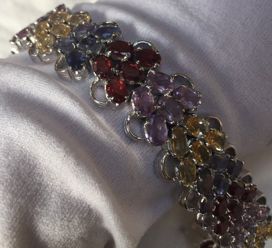 Handmade Garnet Citrine Blue Iolite Amethyst in 925 Sterling Silver Tennis Bracelet