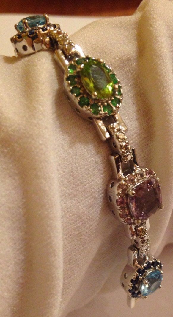 Handmade Garnet Amethyst Citrine Peridot in 925 Sterling Silver Tennis Bracelet
