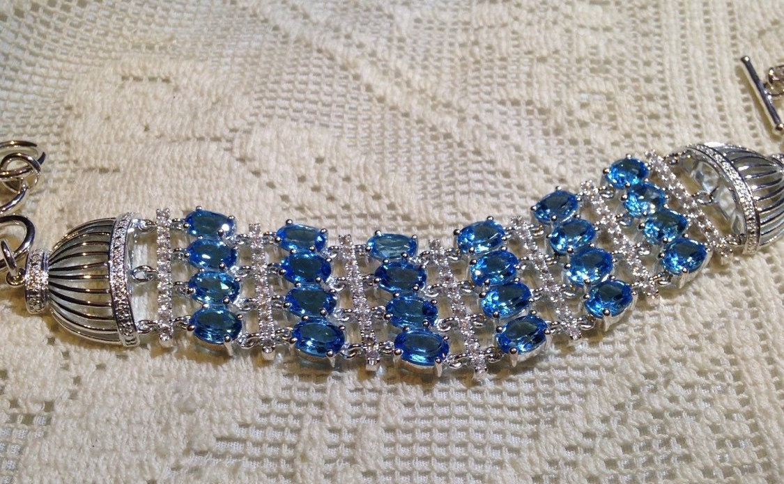 Vintage Blue Topaz 925 Sterling Silver Statement Bracelet