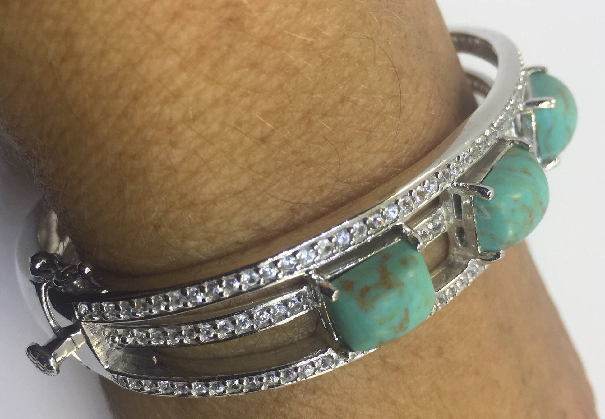 Vintage Victorian 925 Sterling Silver Filigree Persian Turquoise Crystal Bangle Bracelet
