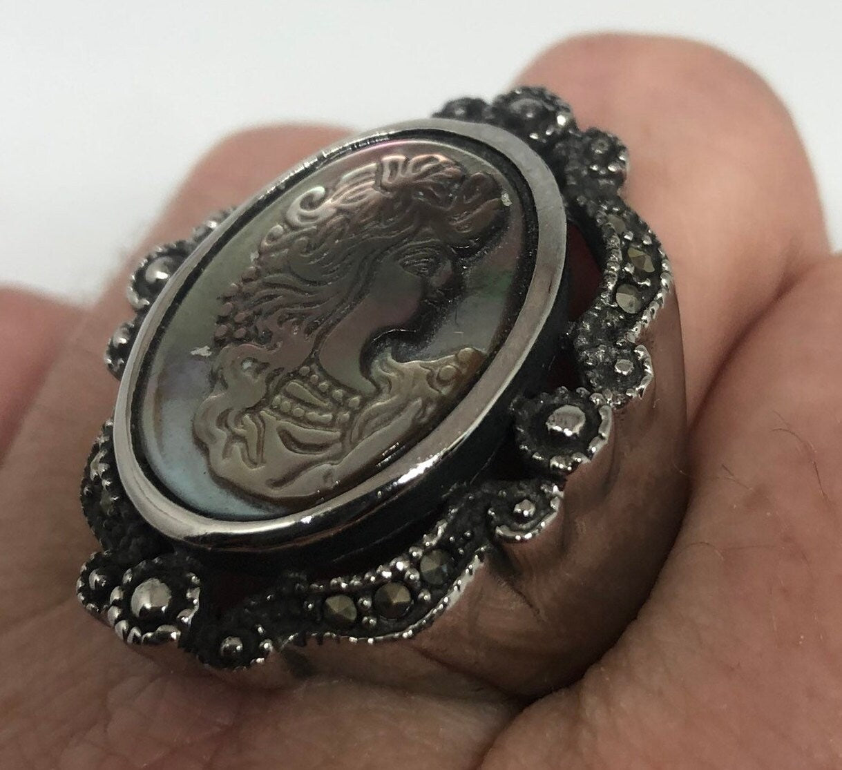 Antique White Mother of Pearl Cameo Marcasite Filigree Ring Size 8