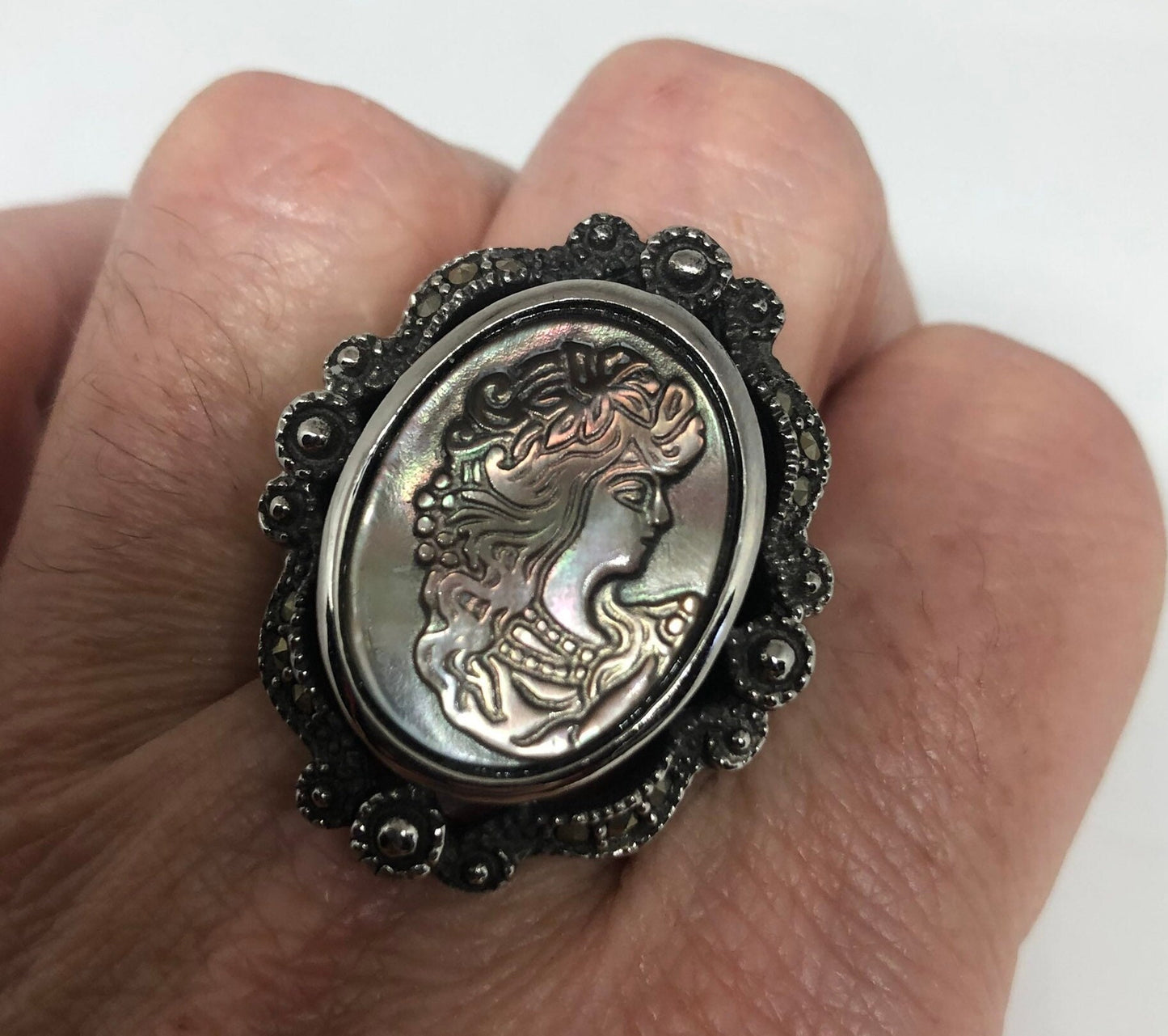 Antique White Mother of Pearl Cameo Marcasite Filigree Ring Size 8