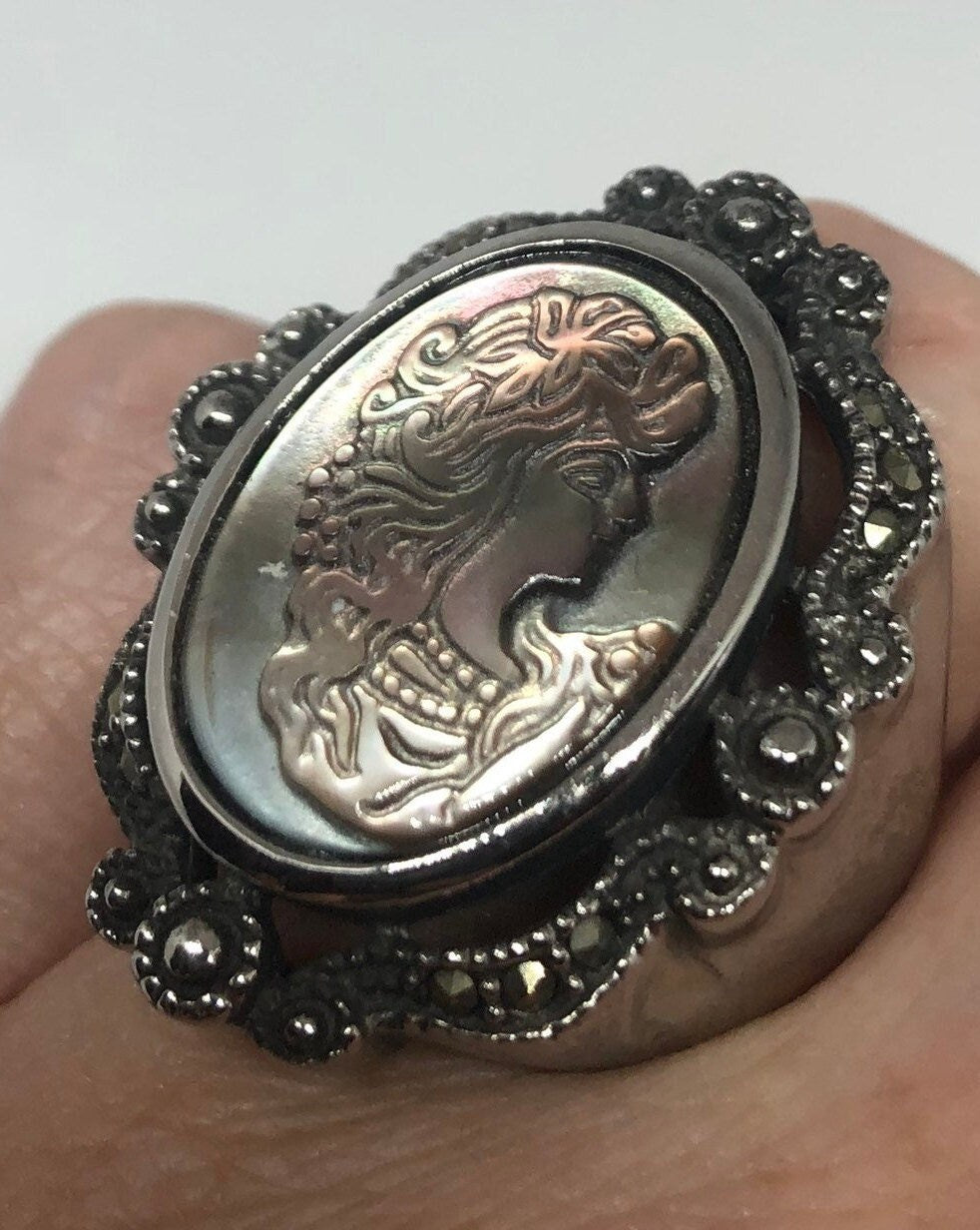 Antique White Mother of Pearl Cameo Marcasite Filigree Ring Size 8