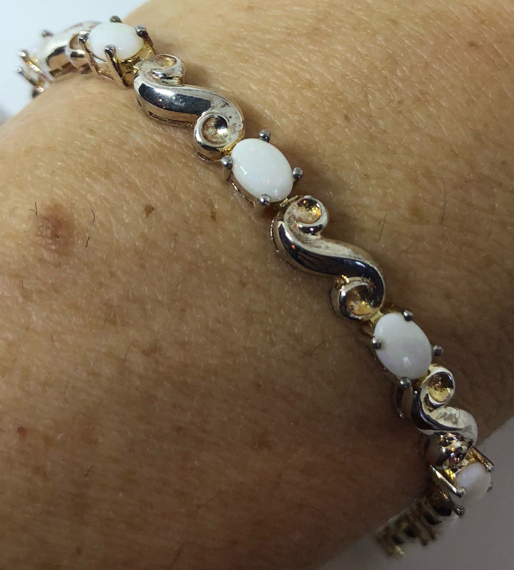 Vintage White Fire Opal Tennis Bracelet 925 Sterling Silver