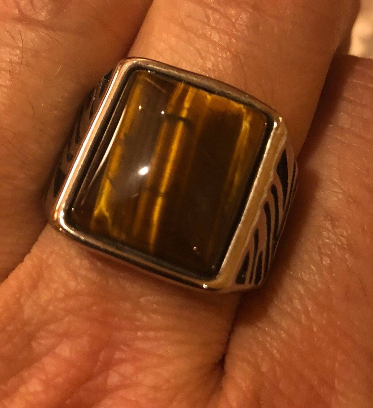 Vintage Gothic Stainless Steel Genuine Tigers Eye Mens Ring