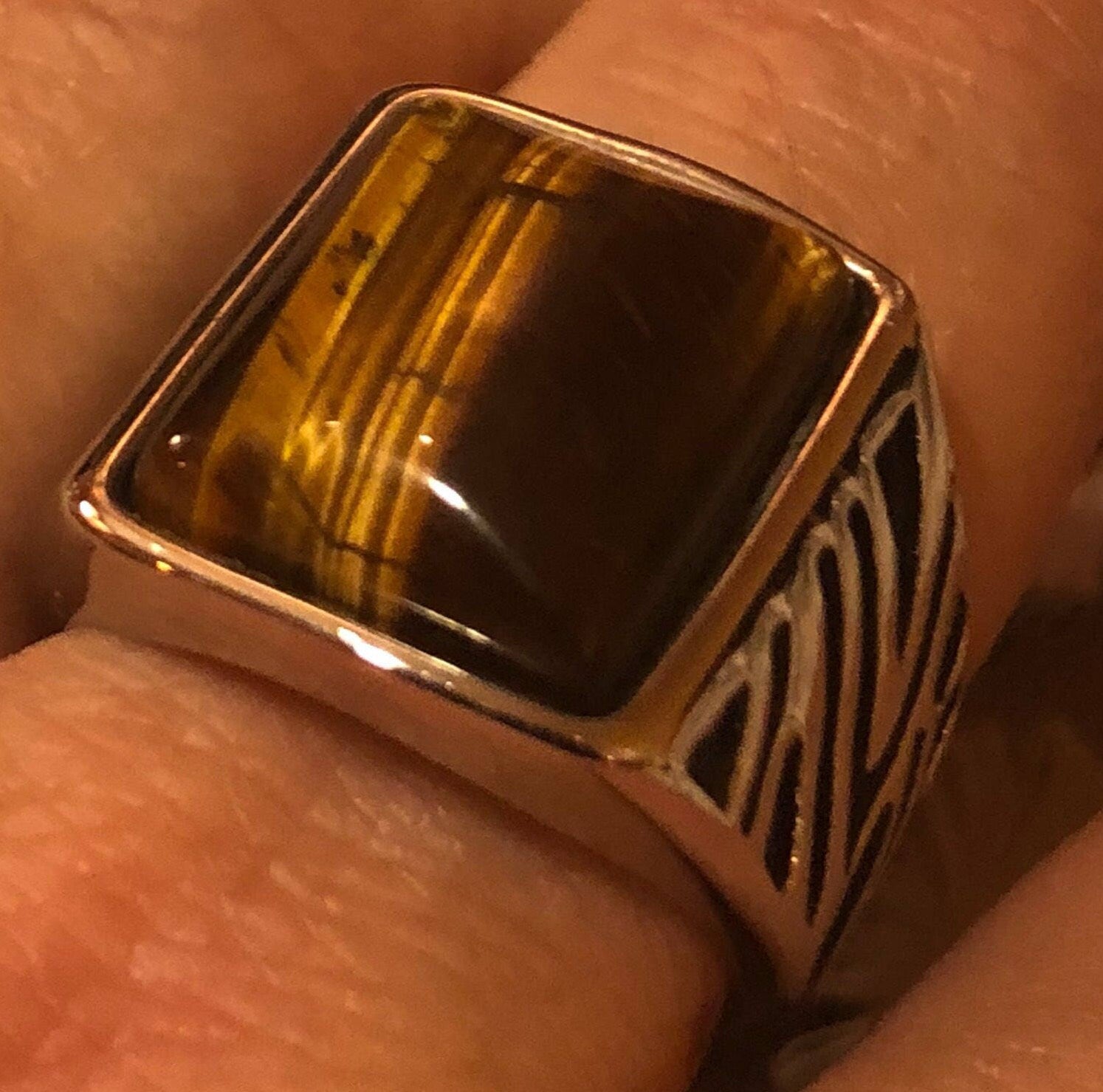 Vintage Gothic Stainless Steel Genuine Tigers Eye Mens Ring