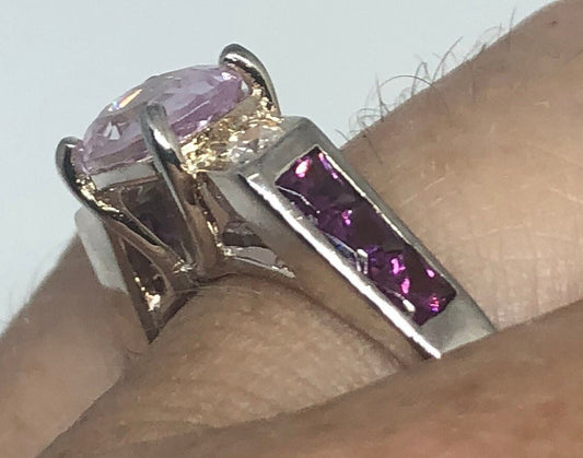 Vintage Handmade Pink Toumaline, Kunzite and White Sapphire 925 Sterling Silver Gothic Ring
